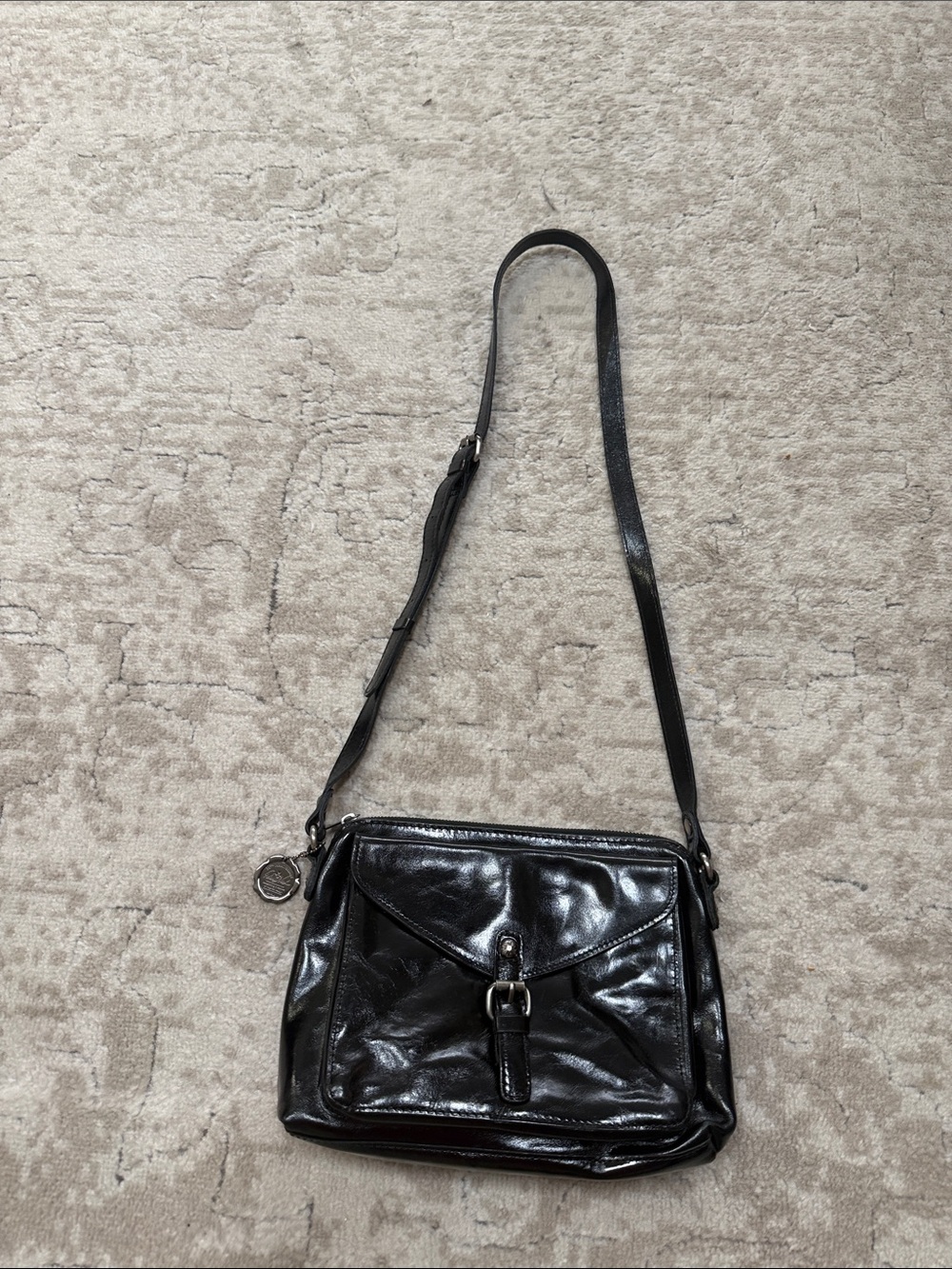 Patricia Nash Black Leather Crossbody Bag with Front Buckle